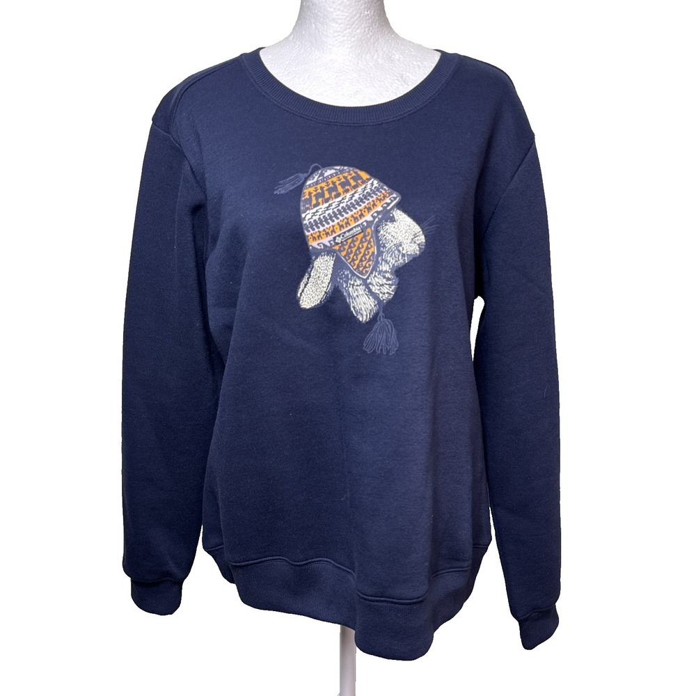Columbia Hart Mountain II Graphic Crewneck Sweatshirt Navy Blue Chullo Hat L